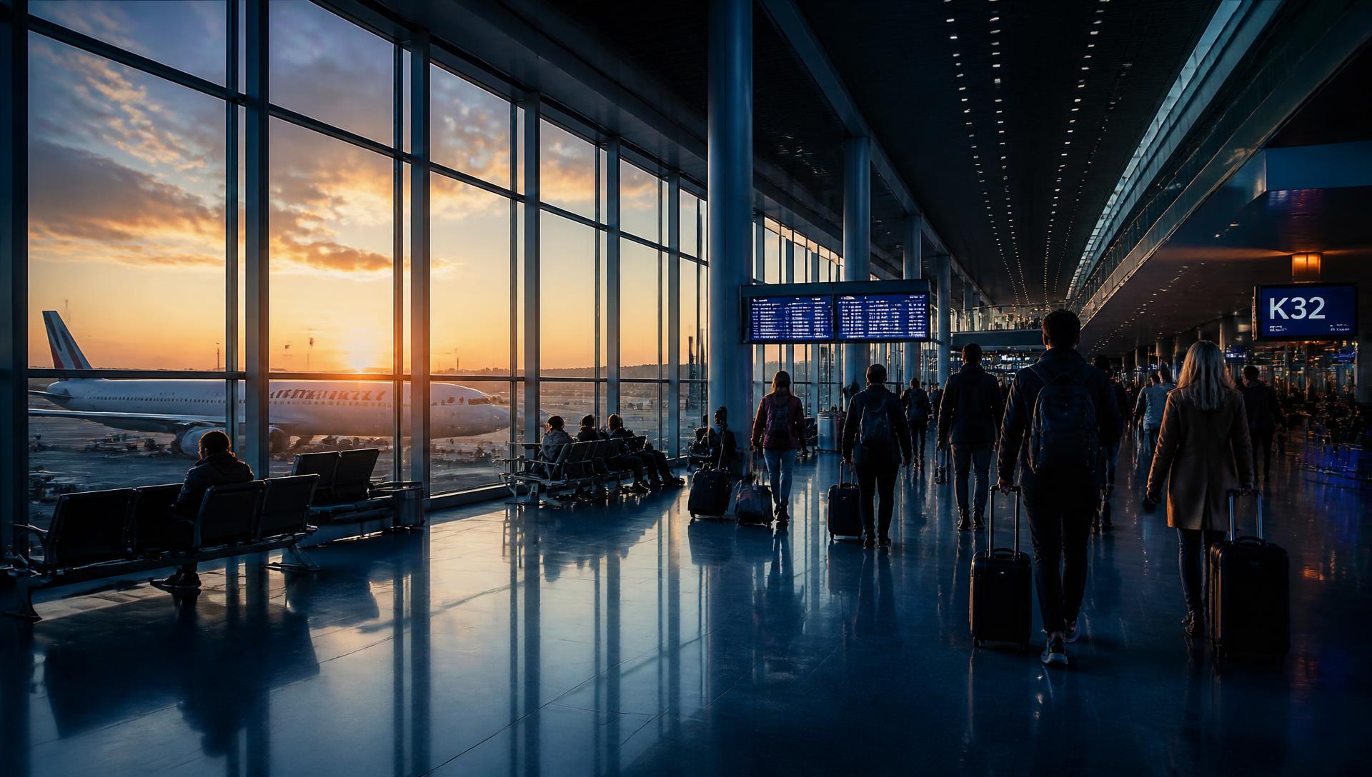 Travellers walking through an international airport terminal at sunrise